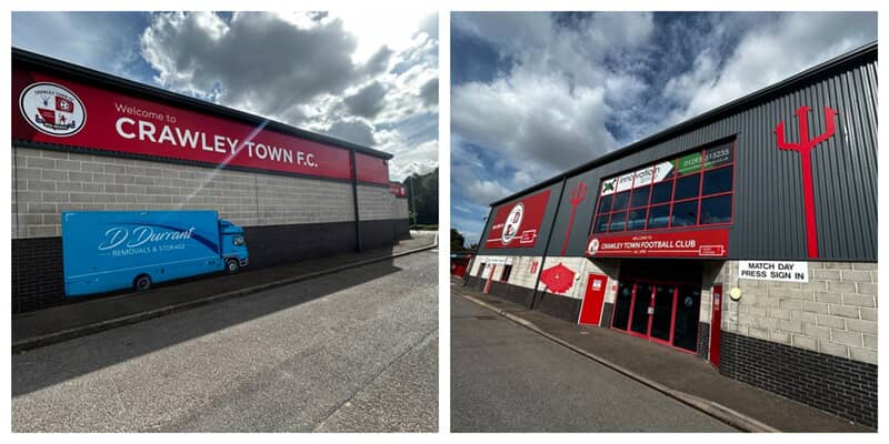 A collage of the exterior building signage for the Crawley Town Football Club.